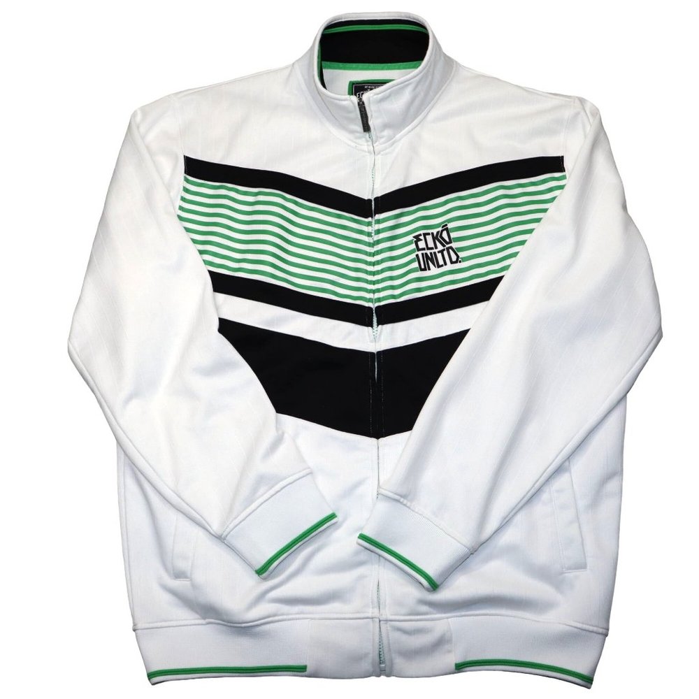 ECKO UNLTD Jacket Zip Front Size Large White Green Black Accents Stripes - Picture 2 of 15